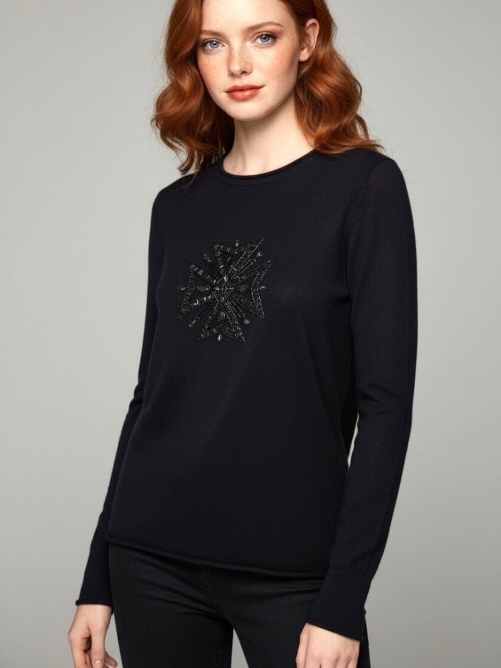 Armand Diradourian Black Cashmere Sweater Large Beaded Maltese Cross Pullover
